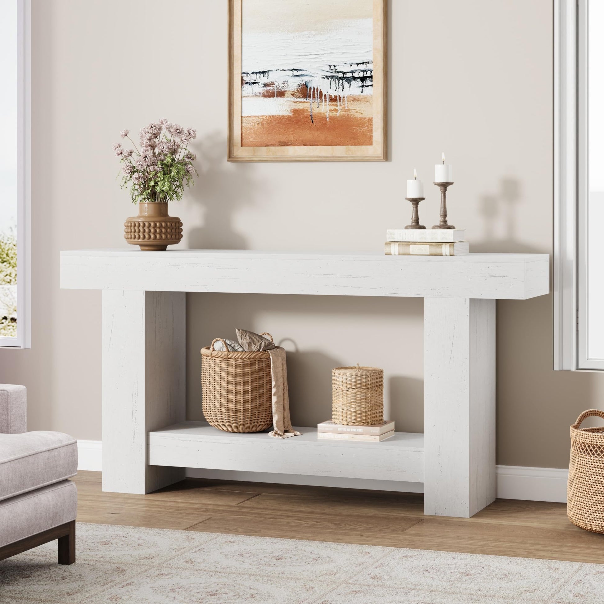 Mesa consola rústica Garvee blanco envejecido de 160 cm