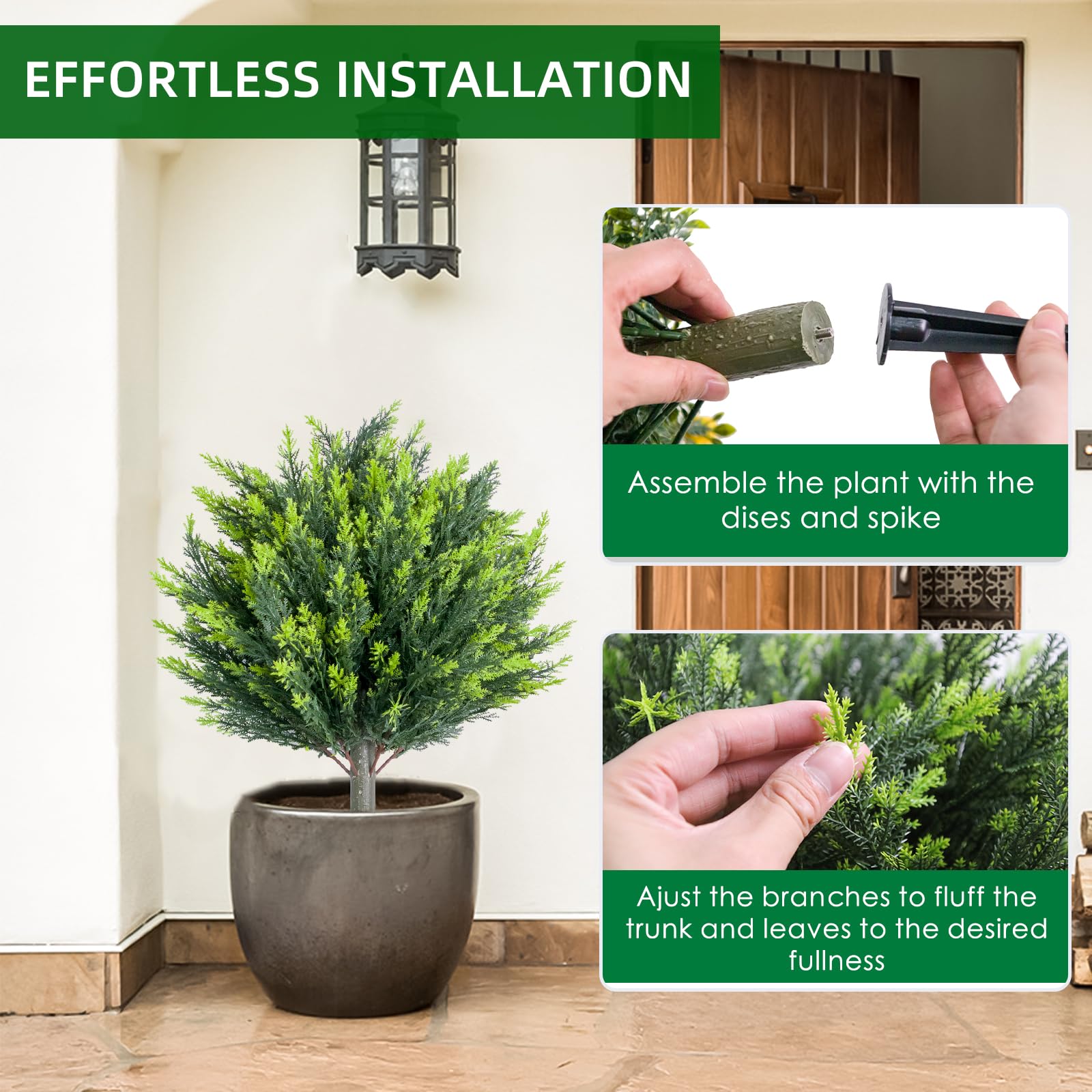 Cyprès artificiels décoratifs installés en extérieur avec piquet